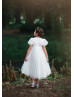 Puff Sleeves White Sequin Tulle Scallops Flower Girl Dress